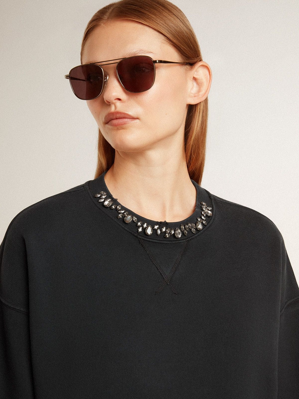 Golden Goose Women's cropped cotton sweatshirt with crystals on the front