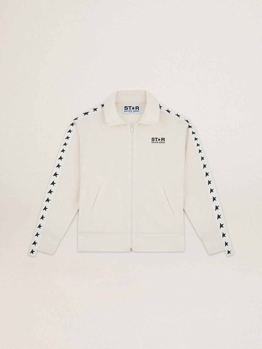 Golden Goose Women’s white zipped sweatshirt with white strip and black stars
