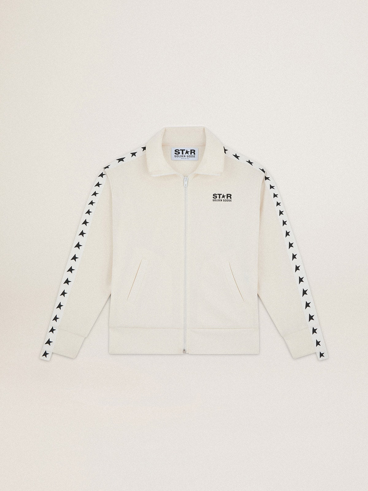 Golden Goose Women’s white zipped sweatshirt with white strip and black stars