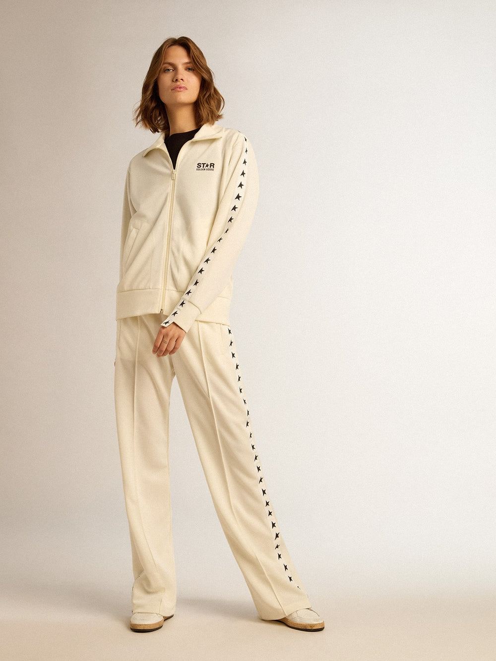 Golden Goose Women’s white zipped sweatshirt with white strip and black stars