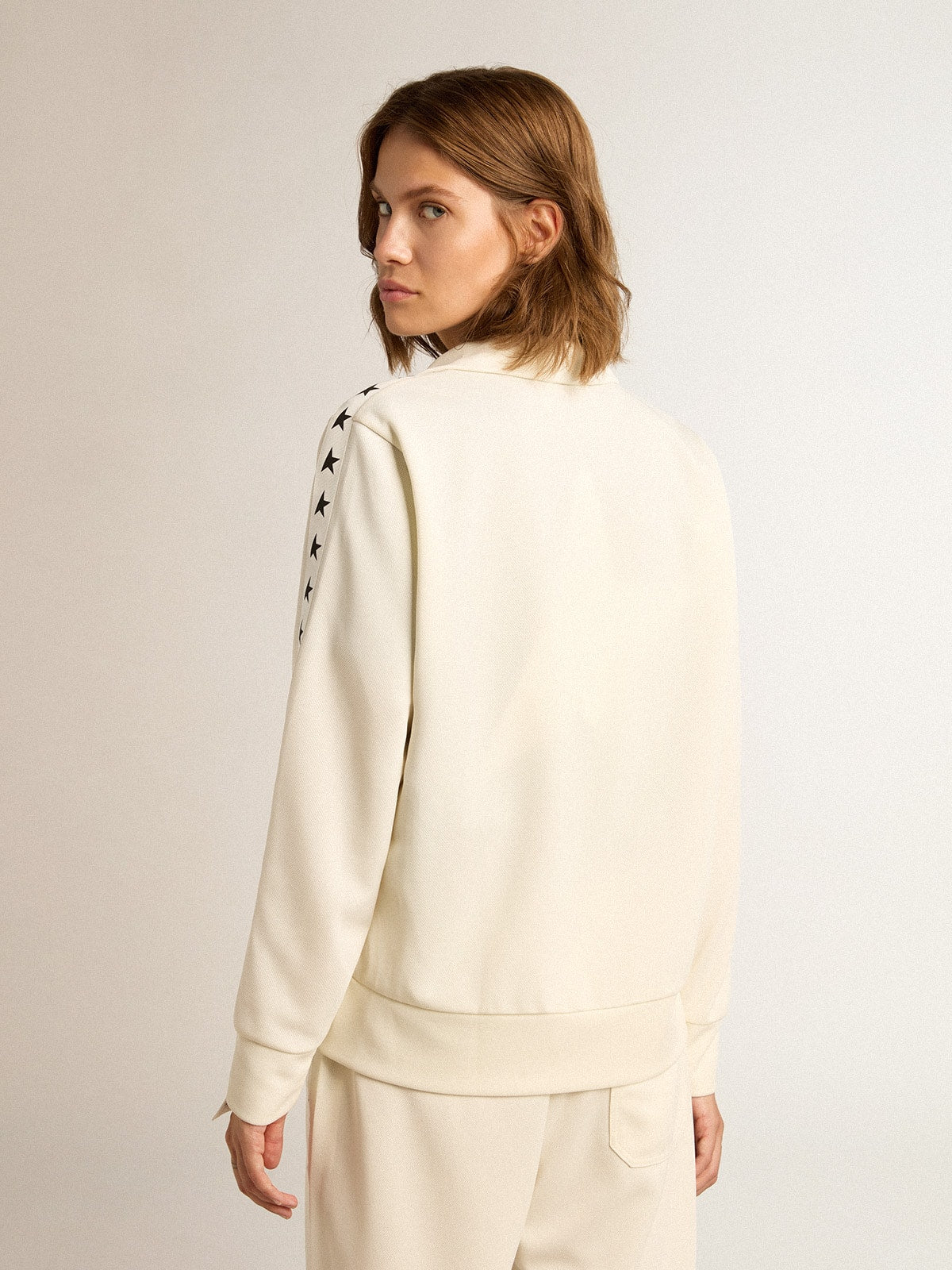 Golden Goose Women’s white zipped sweatshirt with white strip and black stars
