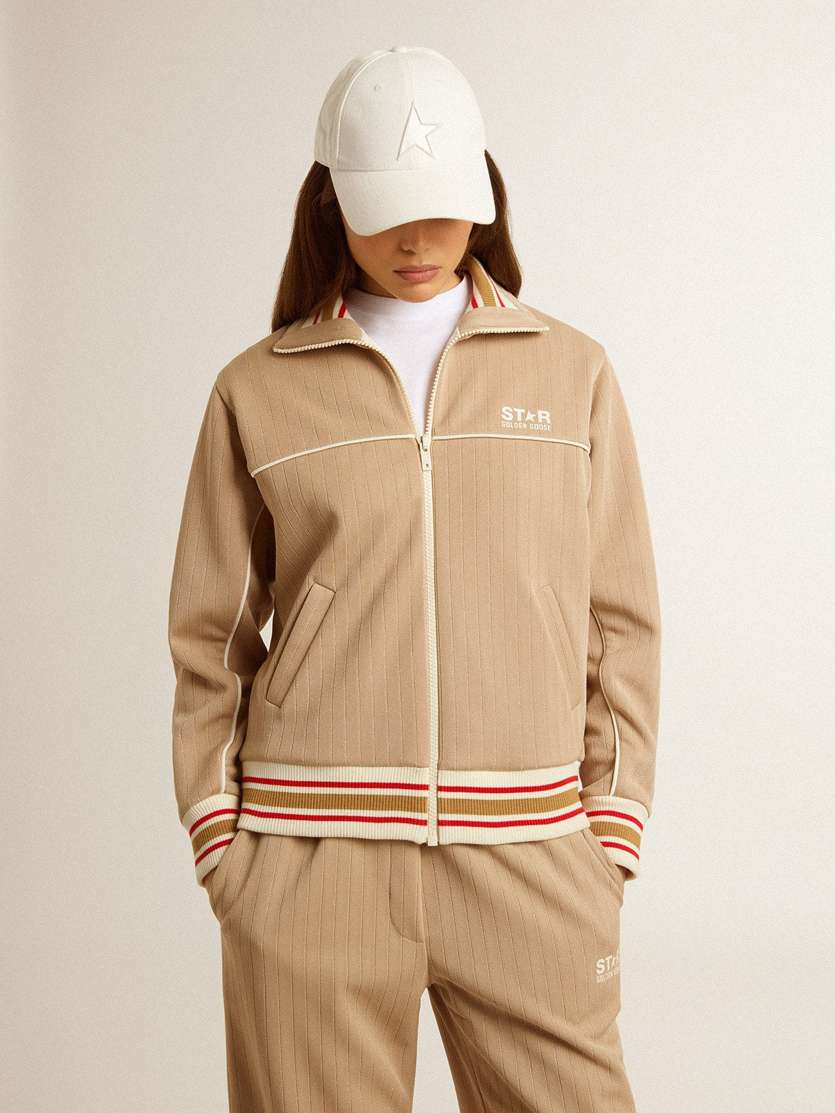 Golden Goose Women’s light beige zipped sweatshirt with white logo