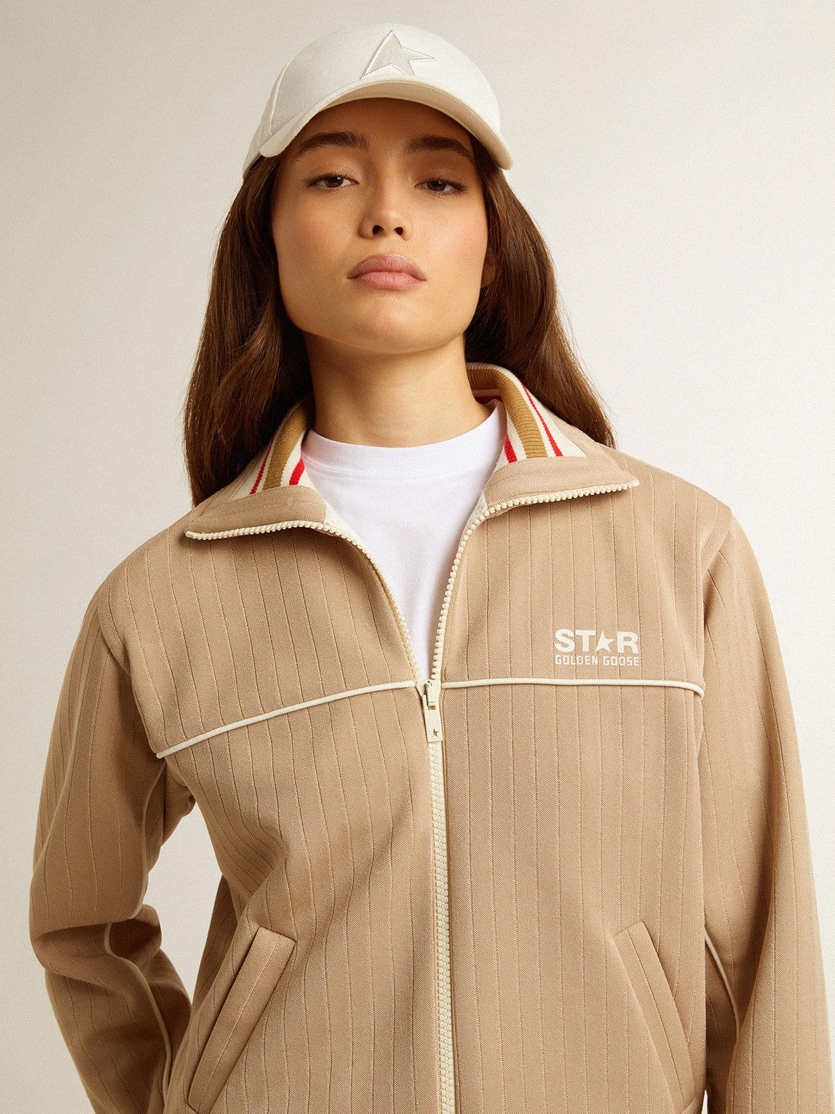 Golden Goose Women’s light beige zipped sweatshirt with white logo