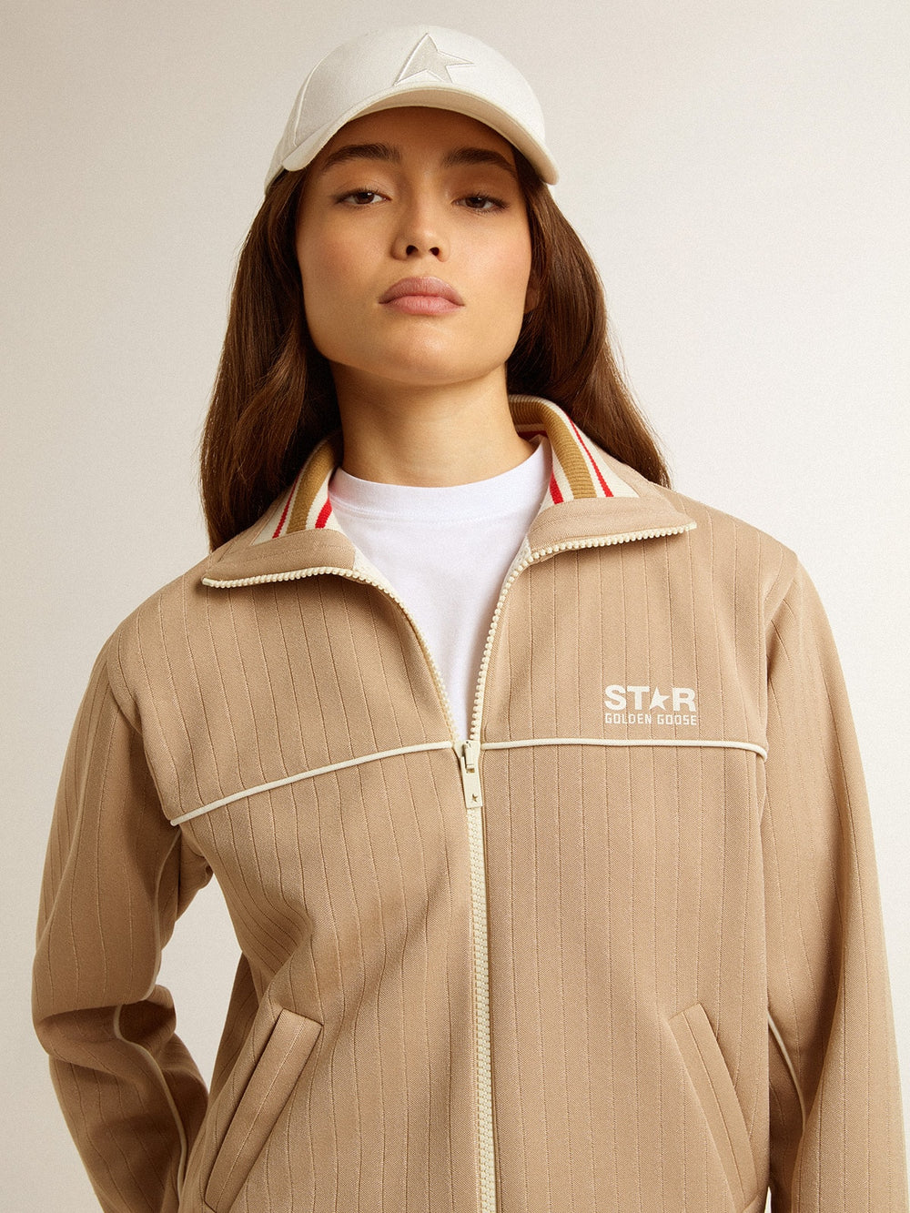 Golden Goose Women’s light beige zipped sweatshirt with white logo