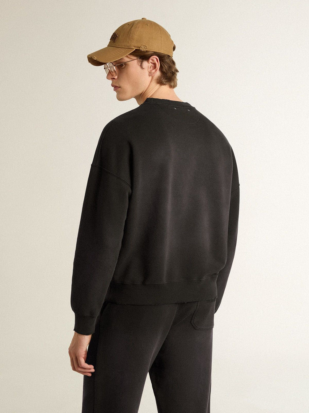 Golden Goose Unisex sweatshirt in worn black cotton with logo embroidery