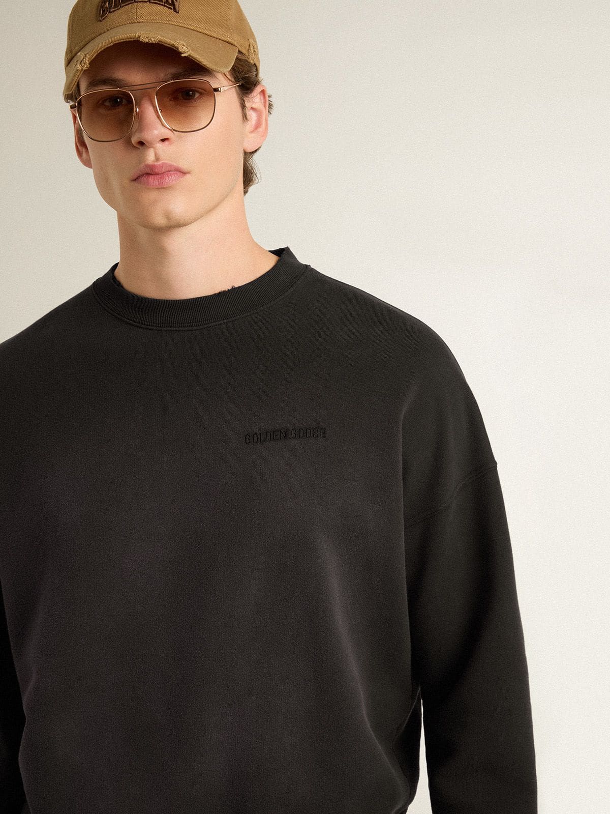 Golden Goose Unisex sweatshirt in worn black cotton with logo embroidery