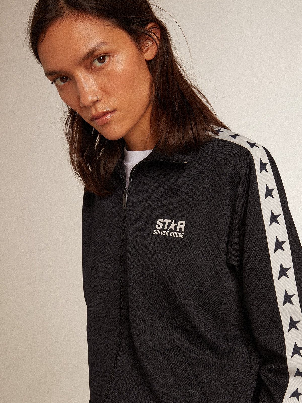 Golden Goose Dark blue zipped sweatshirt with white strip and contrasting stars