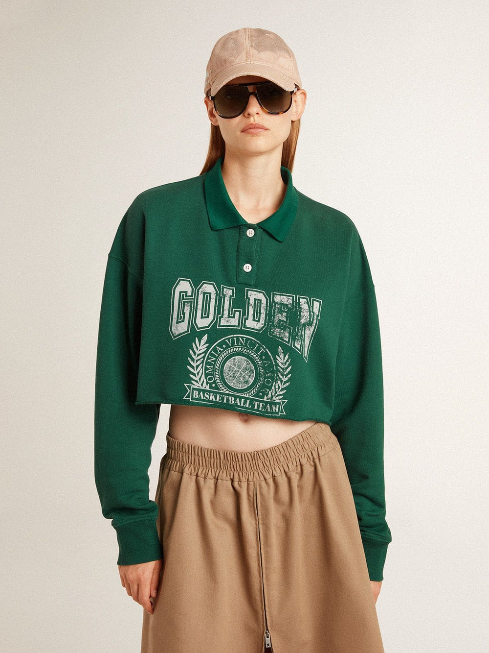 Golden Goose Women's green cropped polo sweatshirt with print
