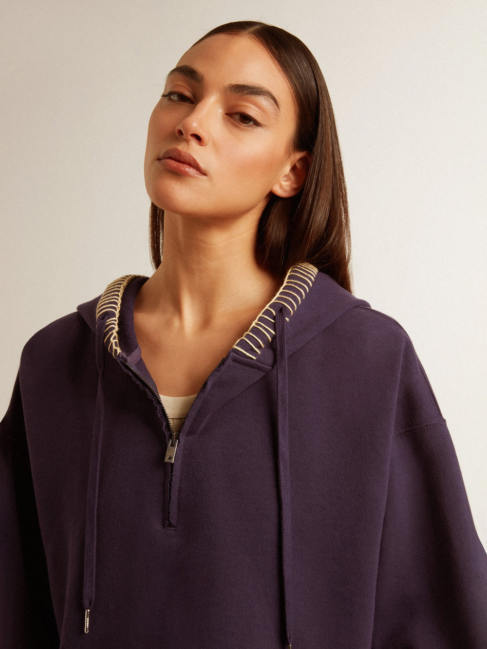 Golden Goose Dark blue cropped sweatshirt with zip fastening and embroidered hood
