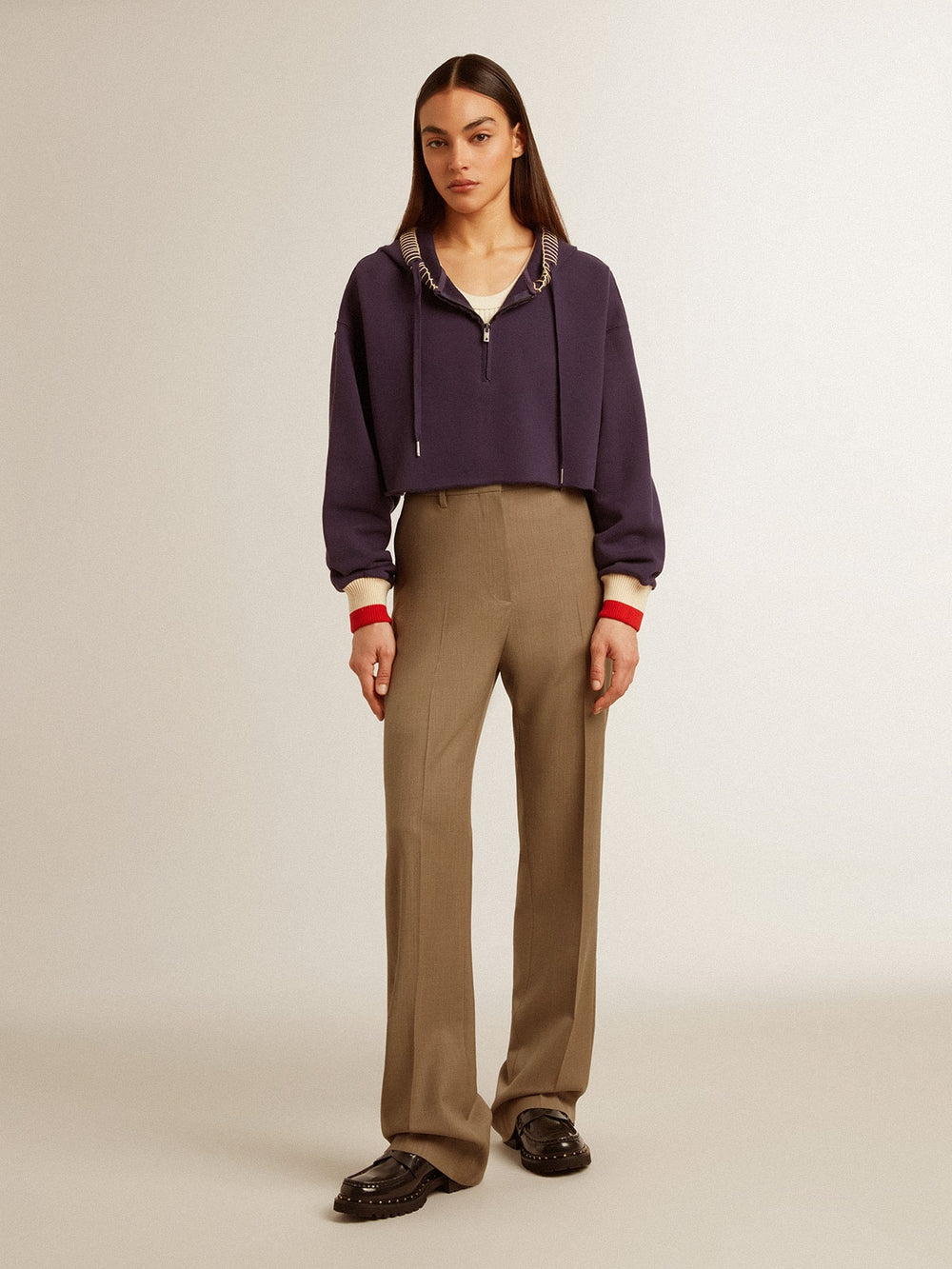 Golden Goose Dark blue cropped sweatshirt with zip fastening and embroidered hood