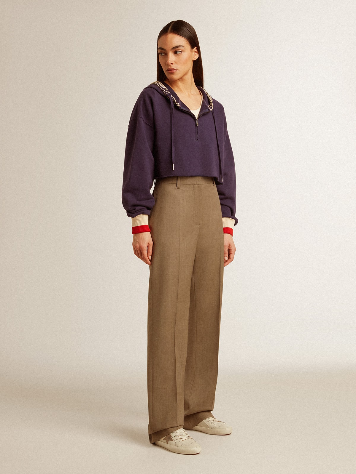 Golden Goose Dark blue cropped sweatshirt with zip fastening and embroidered hood