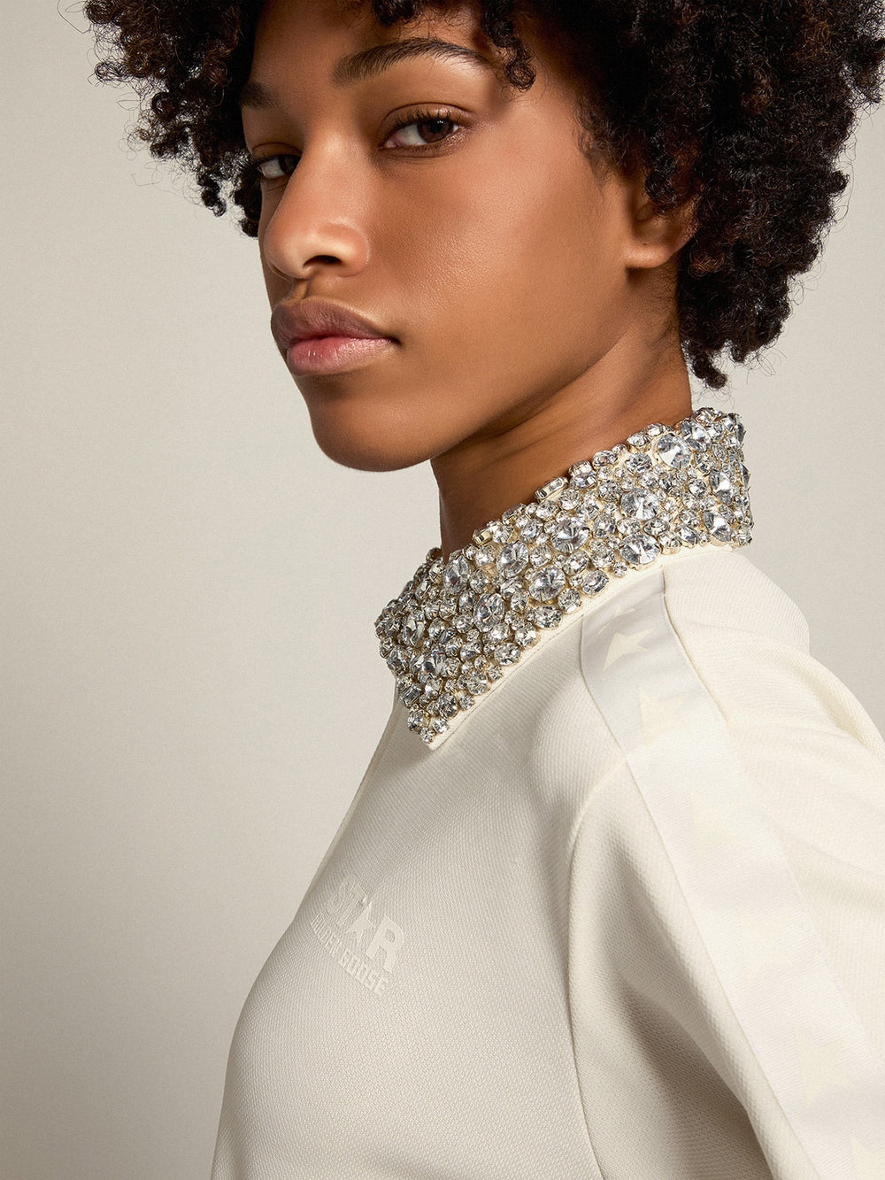 Golden Goose Papyrus white Denise Star Collection zipped sweatshirt with crystal collar