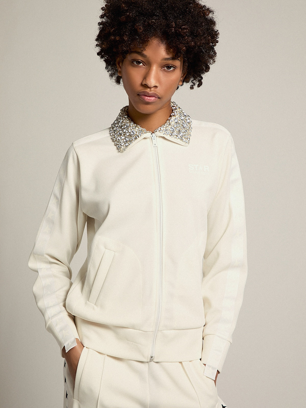 Golden Goose Papyrus white Denise Star Collection zipped sweatshirt with crystal collar