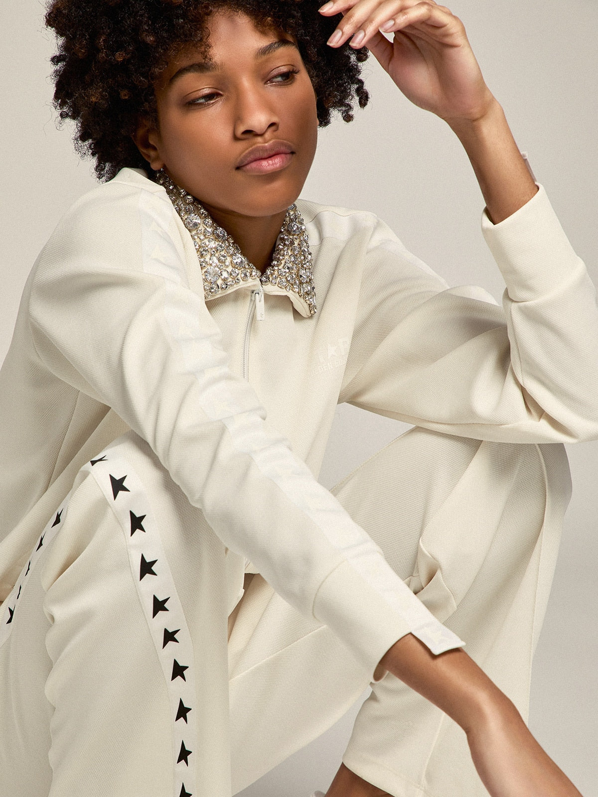 Golden Goose Papyrus white Denise Star Collection zipped sweatshirt with crystal collar