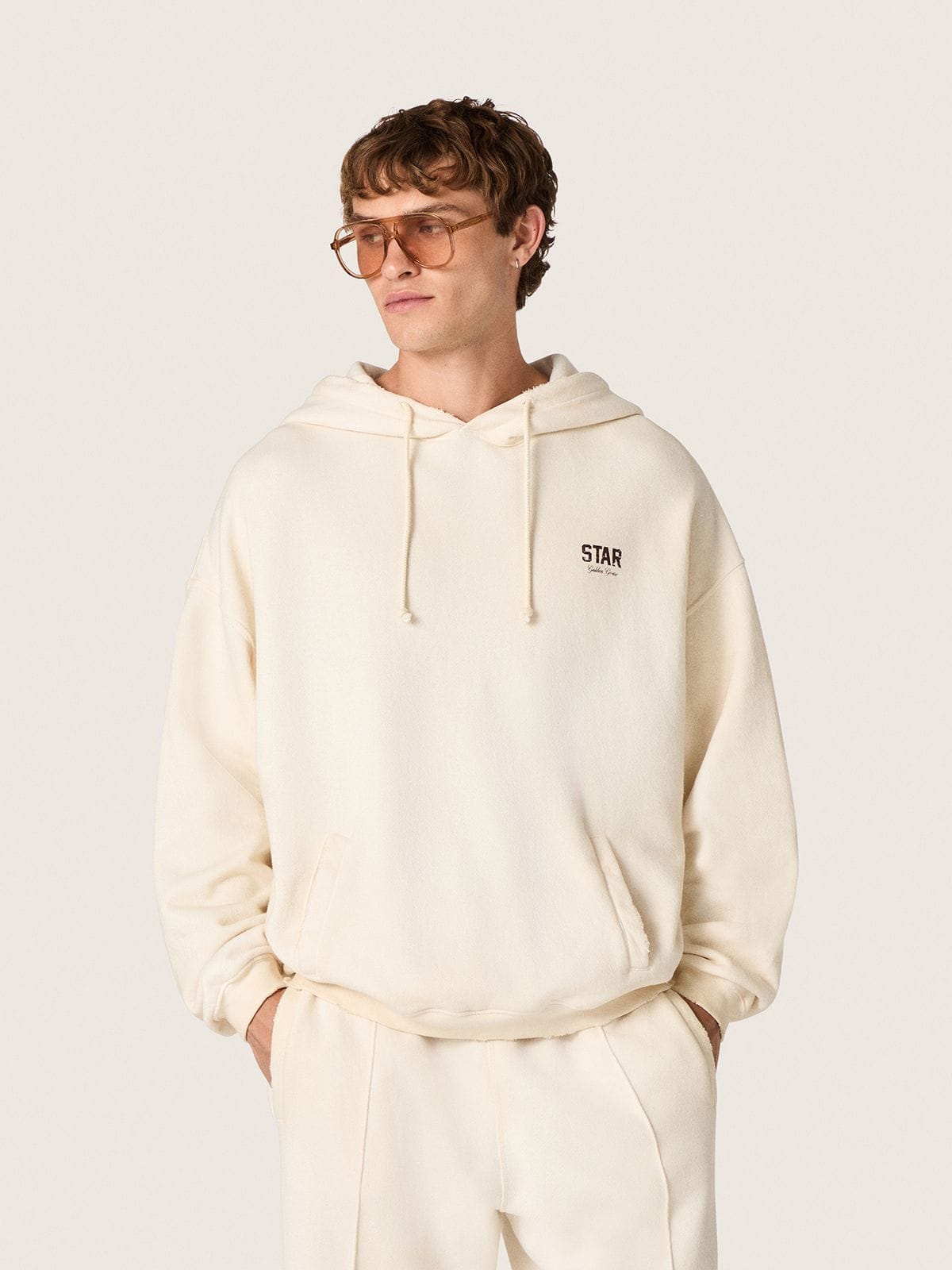 Golden Goose Star unisex hooded sweatshirt in white cotton with logo print