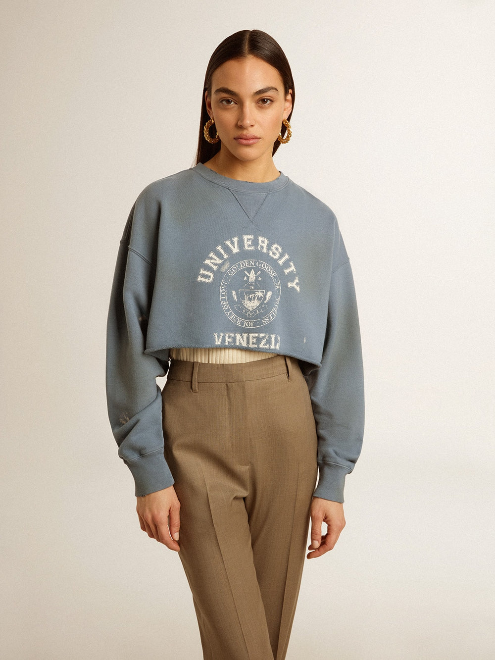Golden Goose Cropped sweatshirt in baby blue with distressed finish