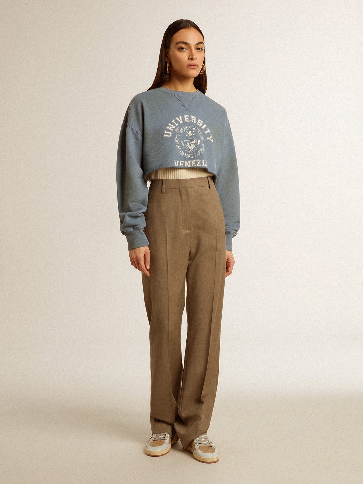 Golden Goose Cropped sweatshirt in baby blue with distressed finish