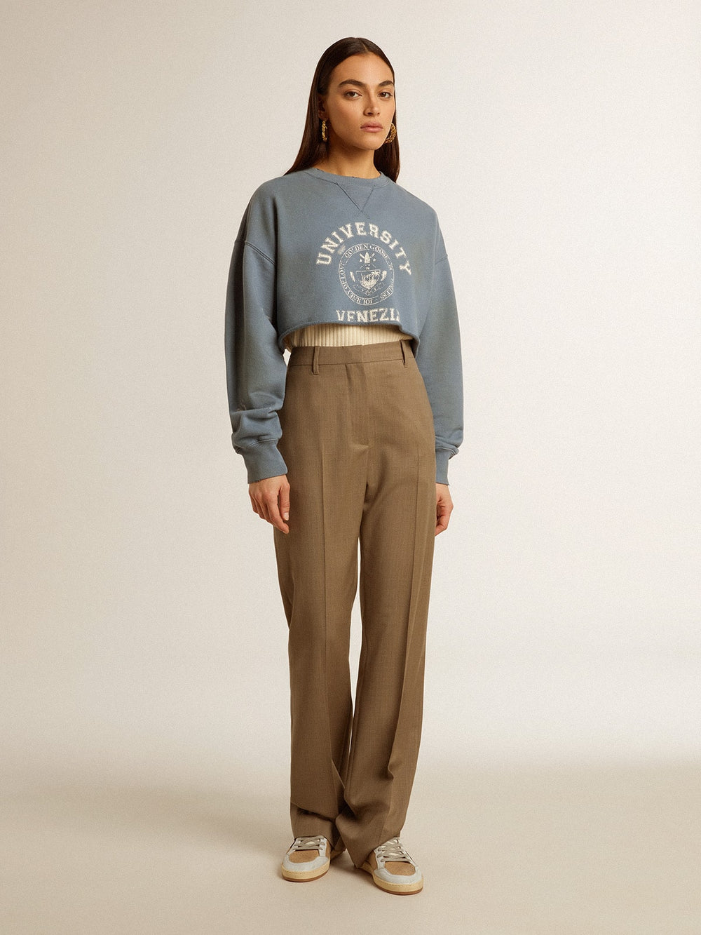 Golden Goose Cropped sweatshirt in baby blue with distressed finish
