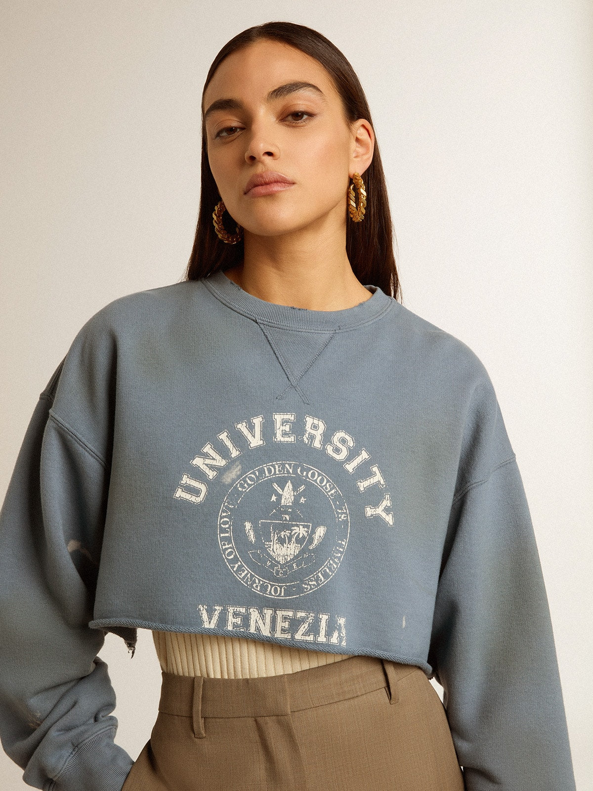 Golden Goose Cropped sweatshirt in baby blue with distressed finish