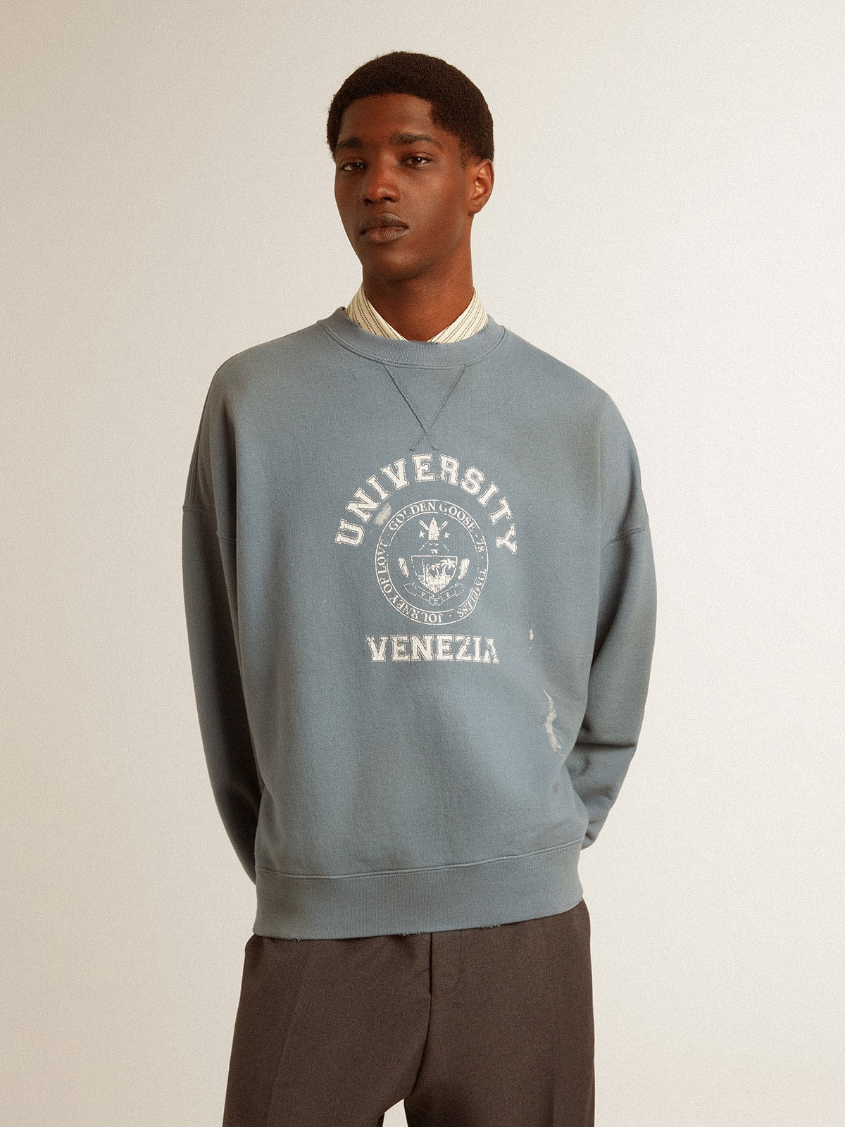 Golden Goose Oversized sweatshirt in baby blue with distressed finish