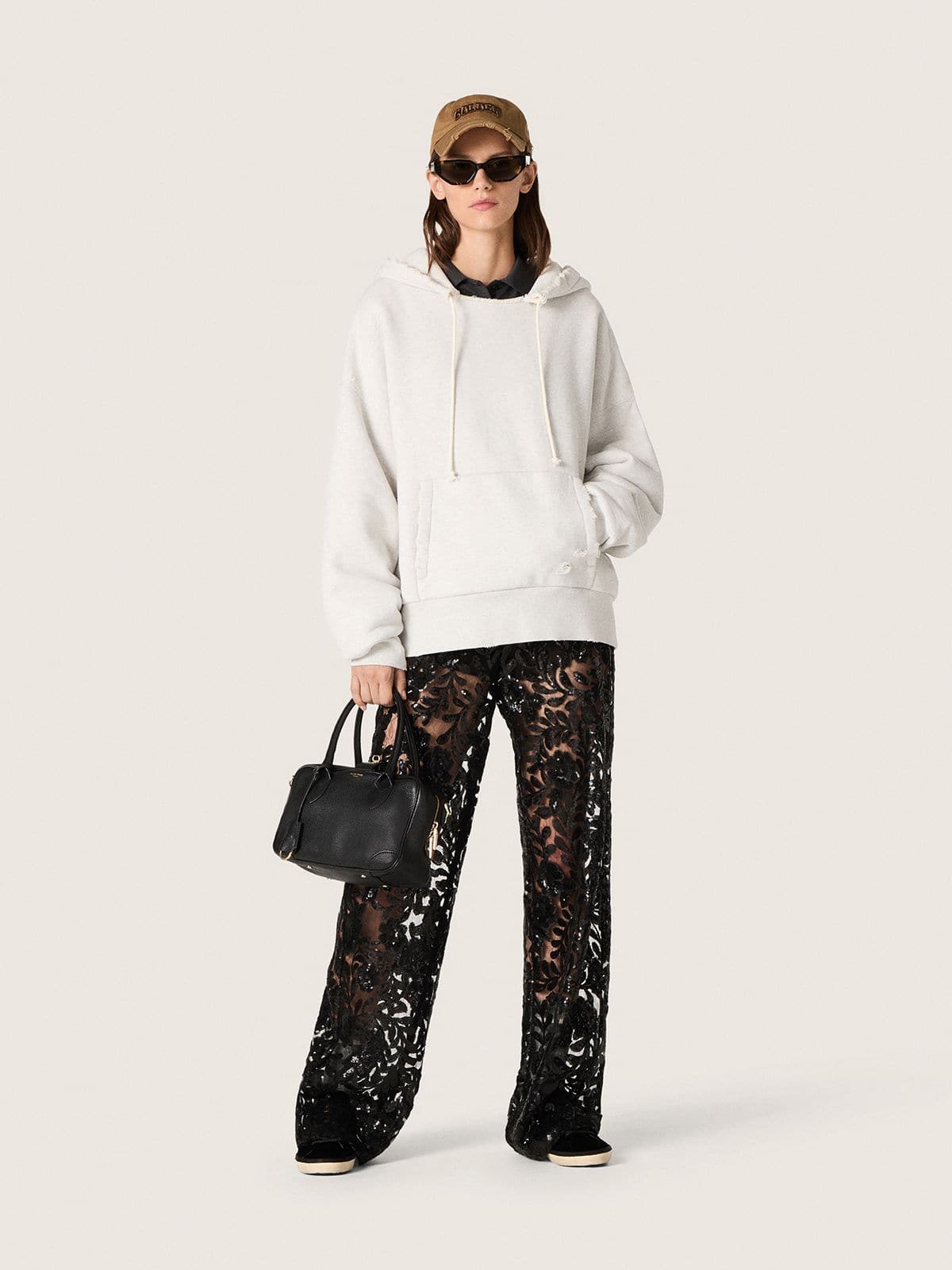 Golden Goose Women's tulle pants with floral embroidery in black sequins