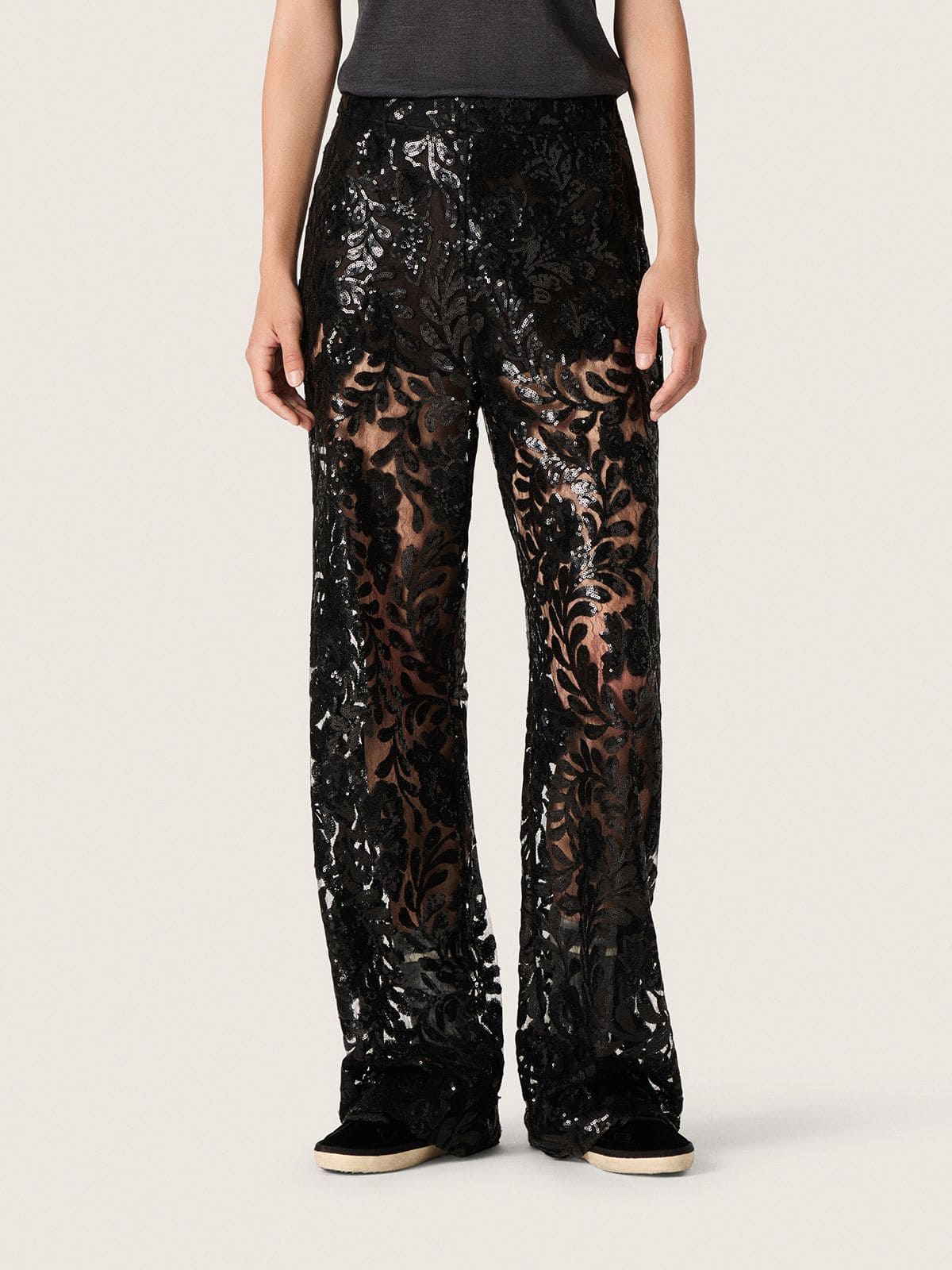 Golden Goose Women's tulle pants with floral embroidery in black sequins