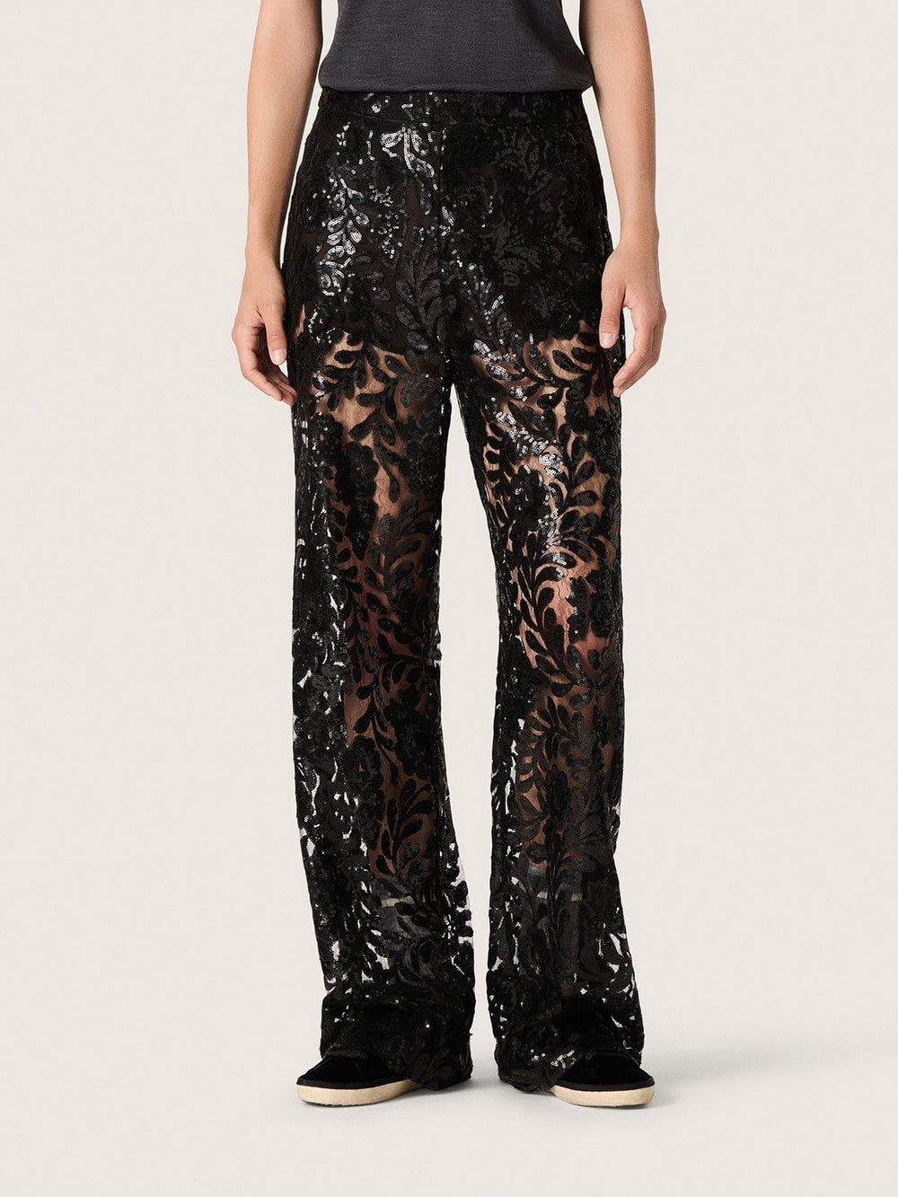 Golden Goose Women's tulle pants with floral embroidery in black sequins