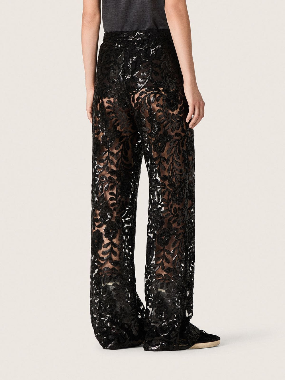 Golden Goose Women's tulle pants with floral embroidery in black sequins