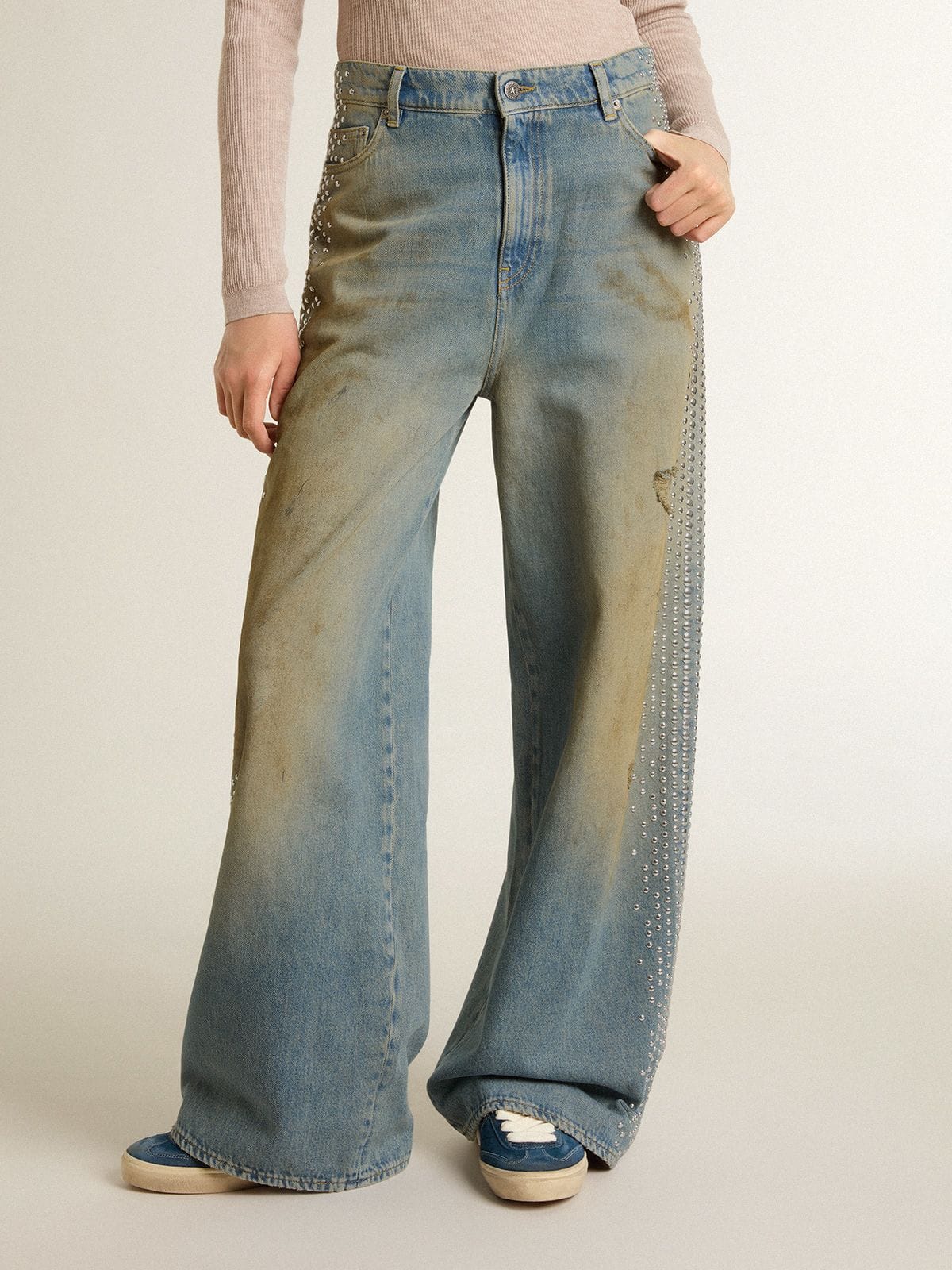 Golden Goose Women's boyfriend jeans with a lived-in effect sand wash and studs