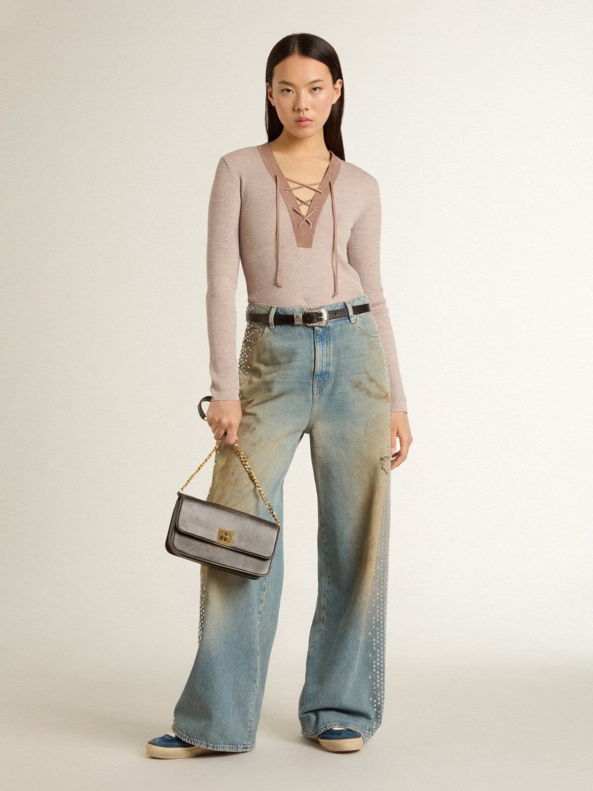 Golden Goose Women's boyfriend jeans with a lived-in effect sand wash and studs