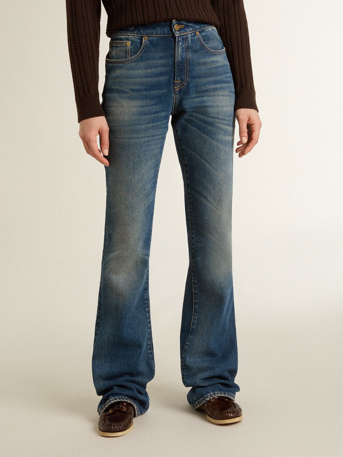 Golden Goose Women's bootcut jeans with a vintage wash and metallic details