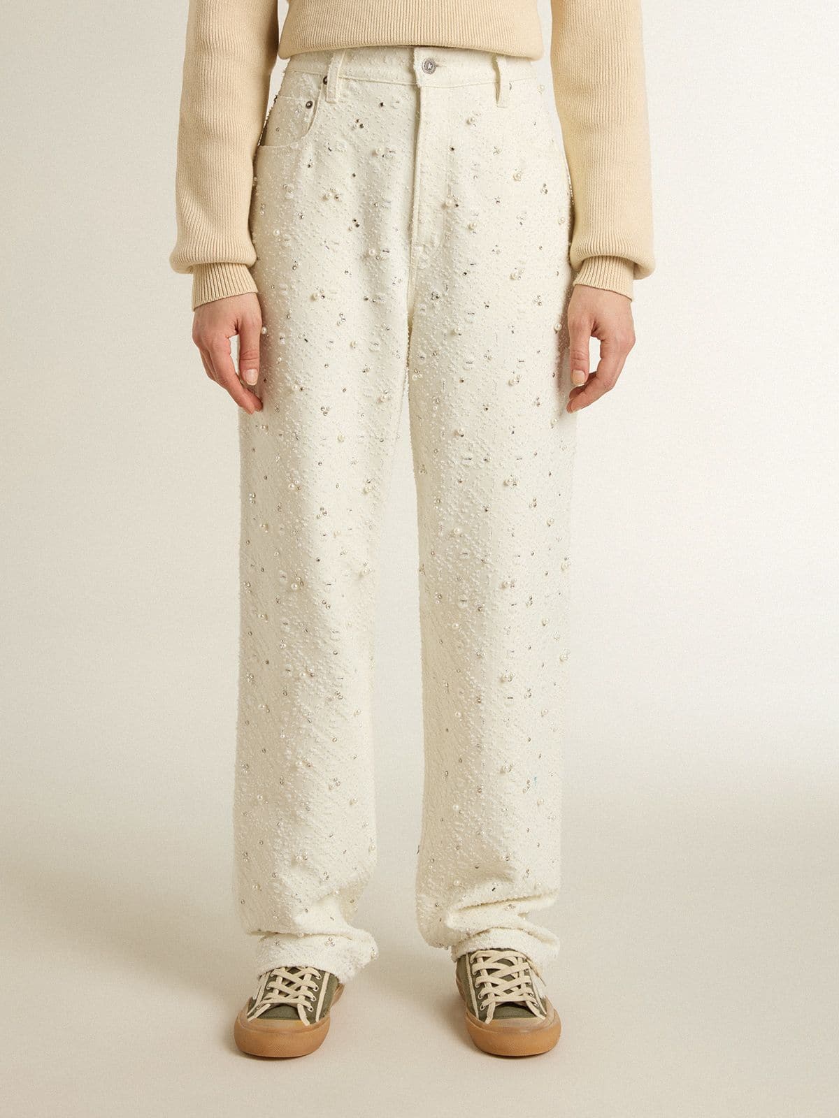 Golden Goose Women's white denim pants with beading and crystals