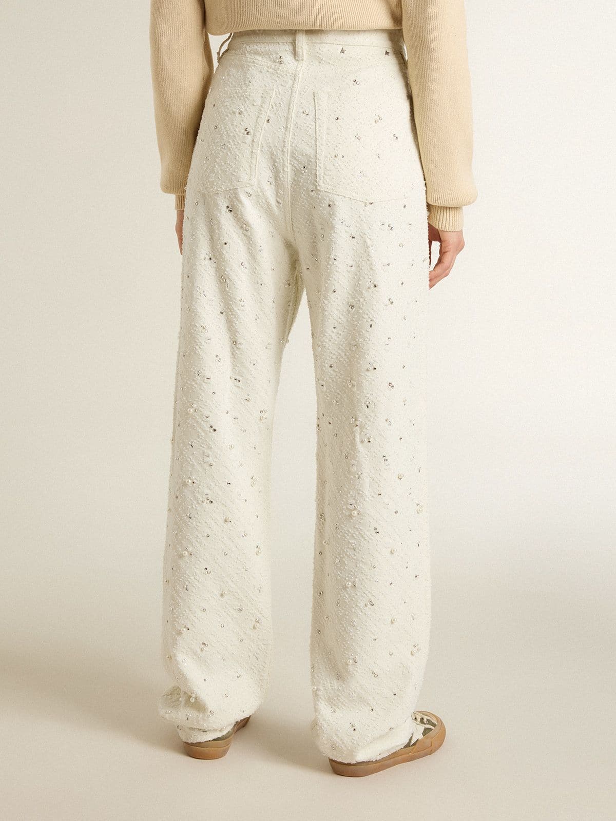Golden Goose Women's white denim pants with beading and crystals
