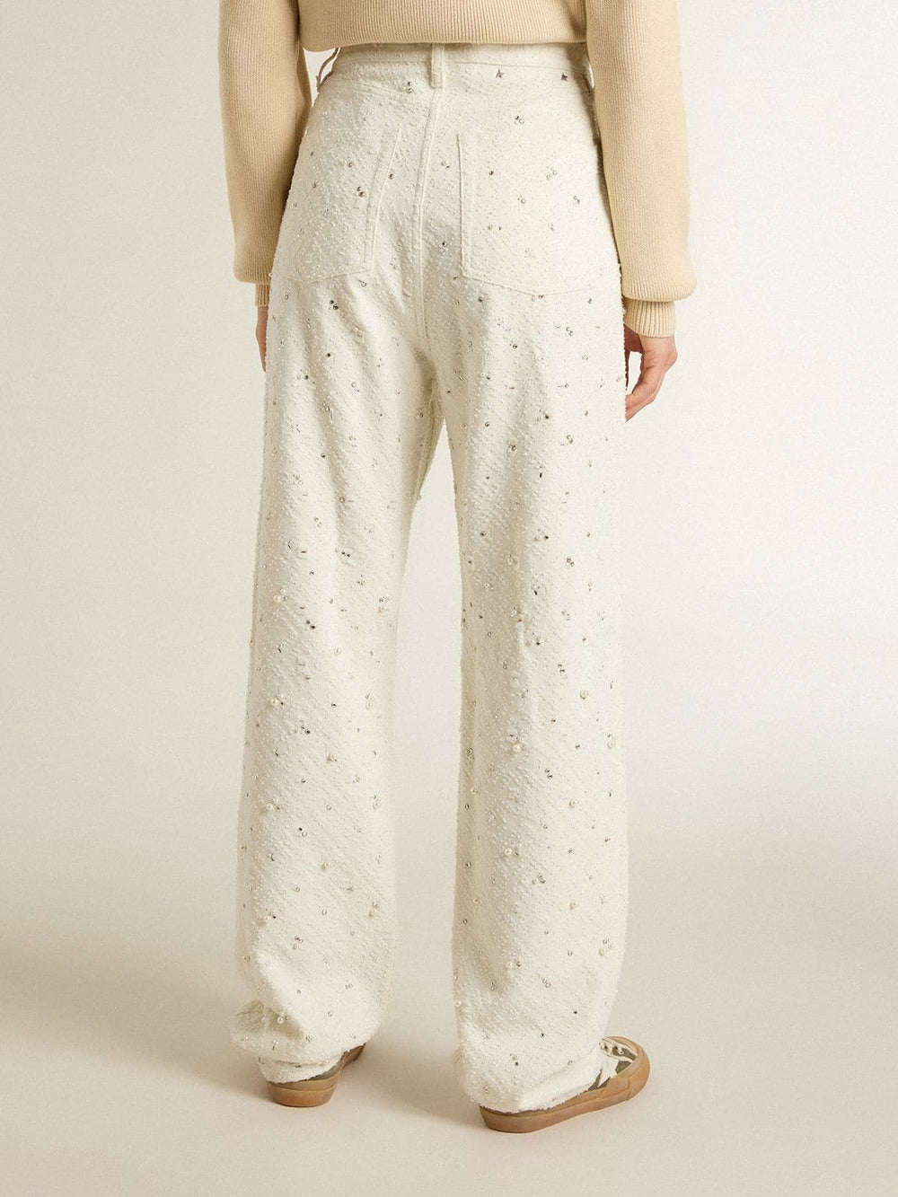 Golden Goose Women's white denim pants with beading and crystals