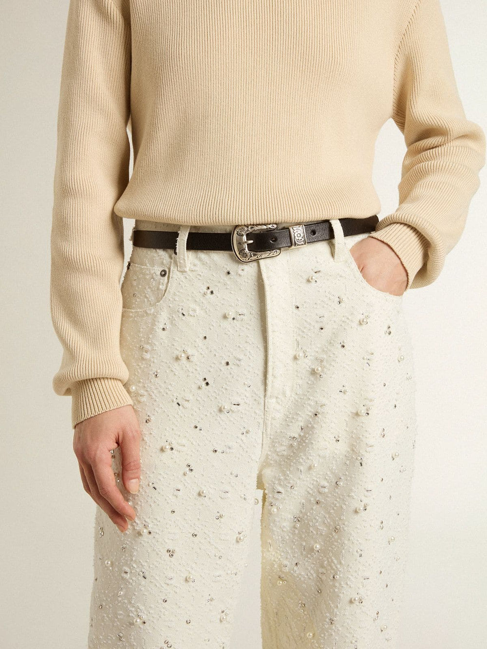 Golden Goose Women's white denim pants with beading and crystals
