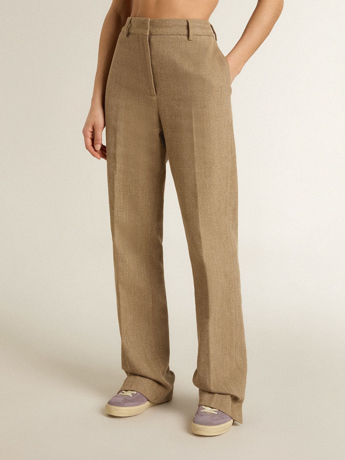 Golden Goose Women's trousers in a sand-colored herringbone linen blend