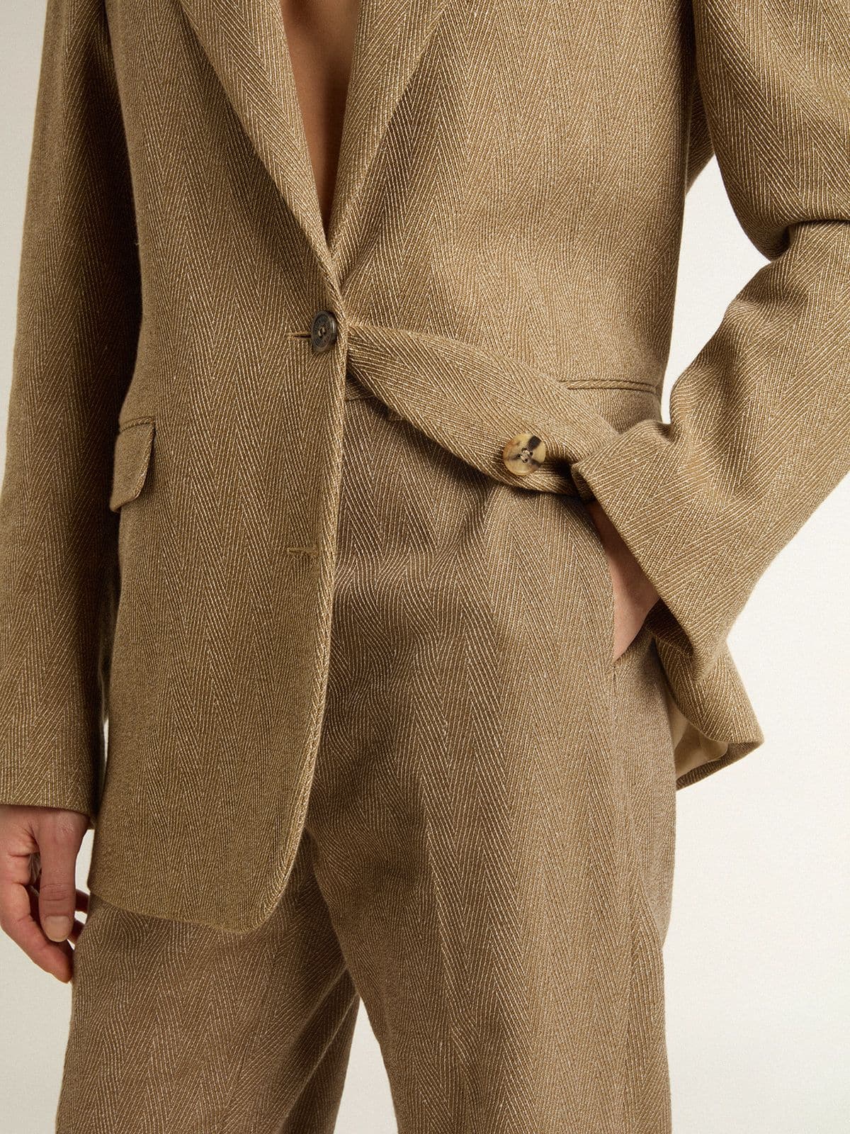 Golden Goose Women's trousers in a sand-colored herringbone linen blend