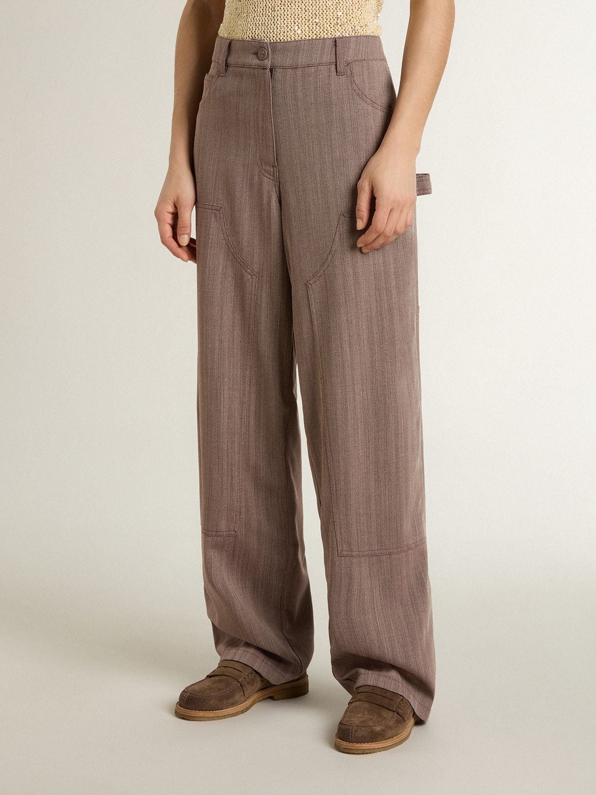 Golden Goose Women’s wool blend pants in light brown micro chevron