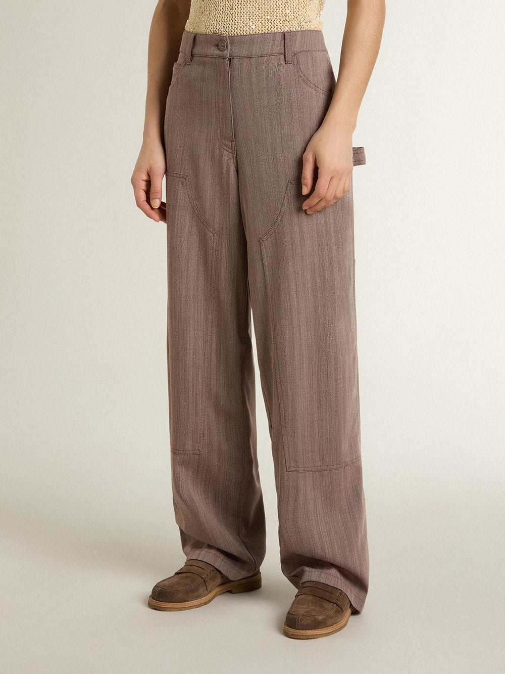 Golden Goose Women’s wool blend pants in light brown micro chevron