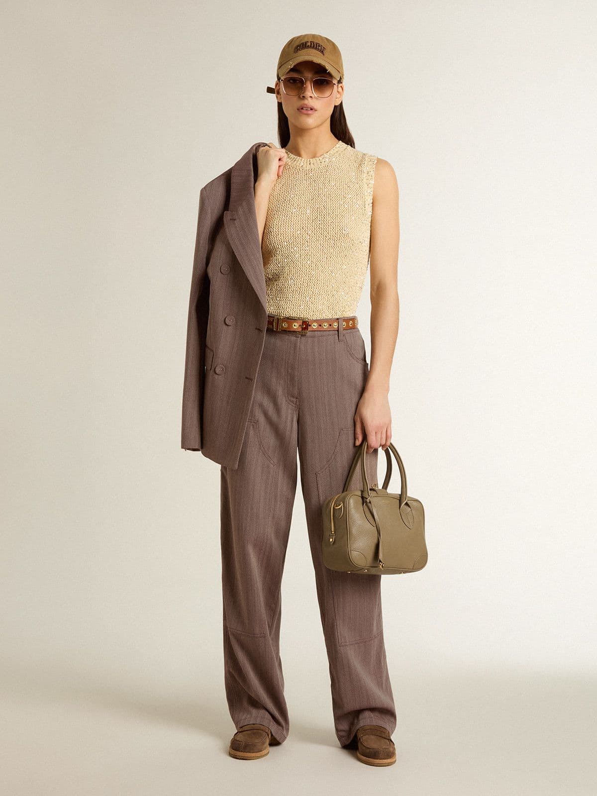 Golden Goose Women’s wool blend pants in light brown micro chevron