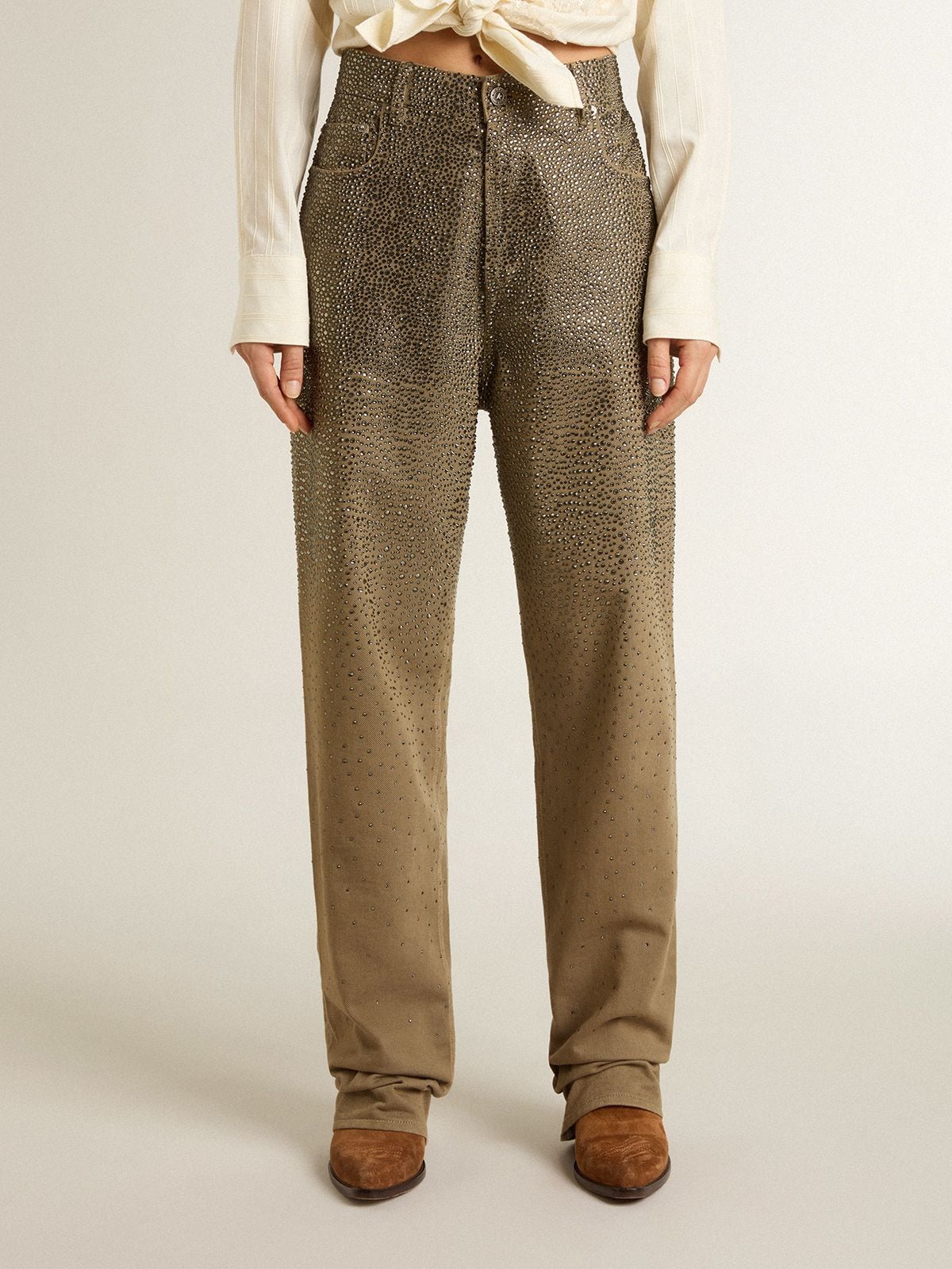 Golden Goose Women's khaki cotton pants with gradient Swarovski effect