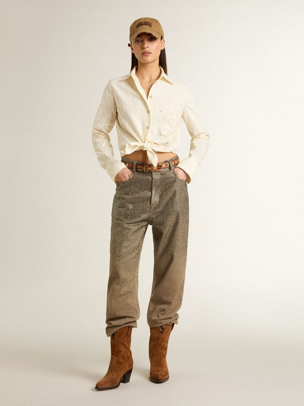 Golden Goose Women's khaki cotton pants with gradient Swarovski effect
