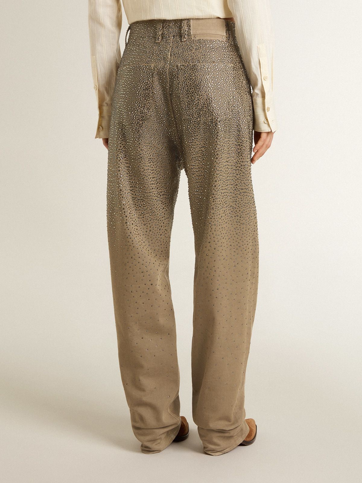 Golden Goose Women's khaki cotton pants with gradient Swarovski effect