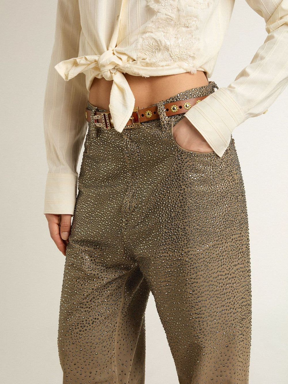 Golden Goose Women's khaki cotton pants with gradient Swarovski effect