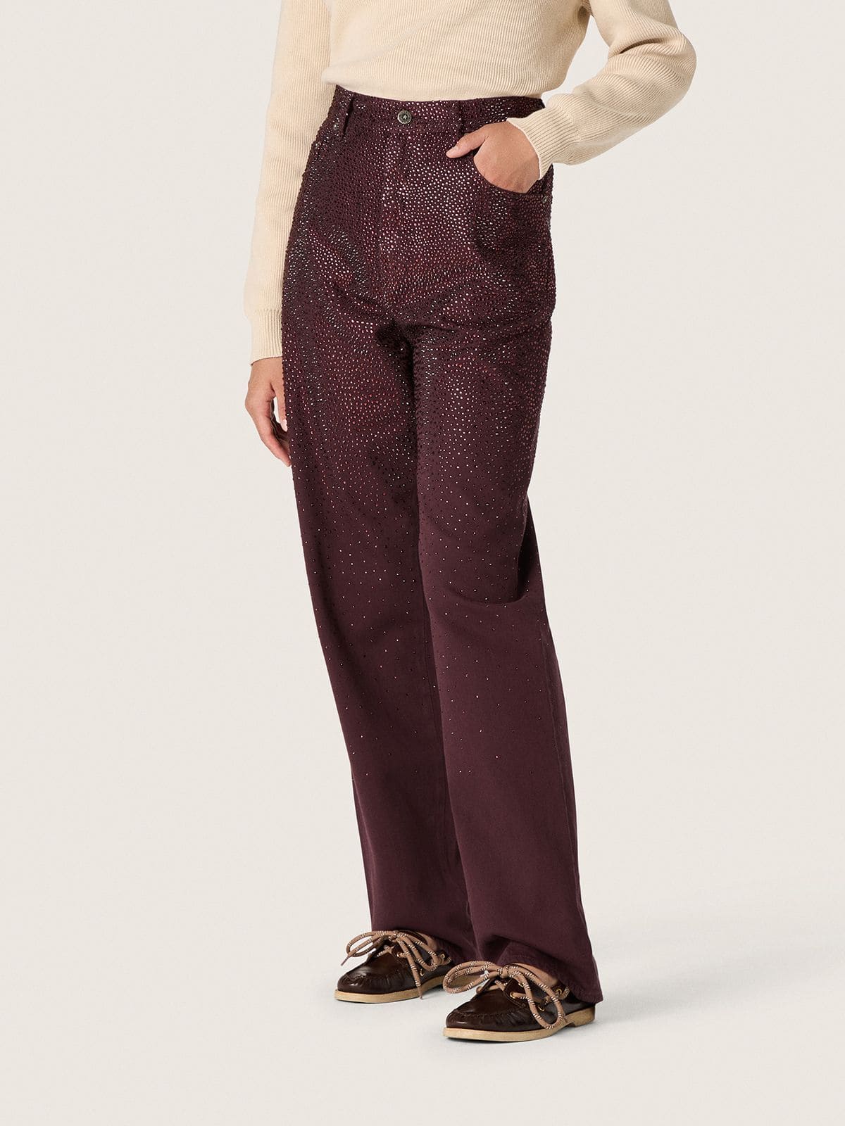 Golden Goose Women's jeans in burgundy denim with gradient crystals