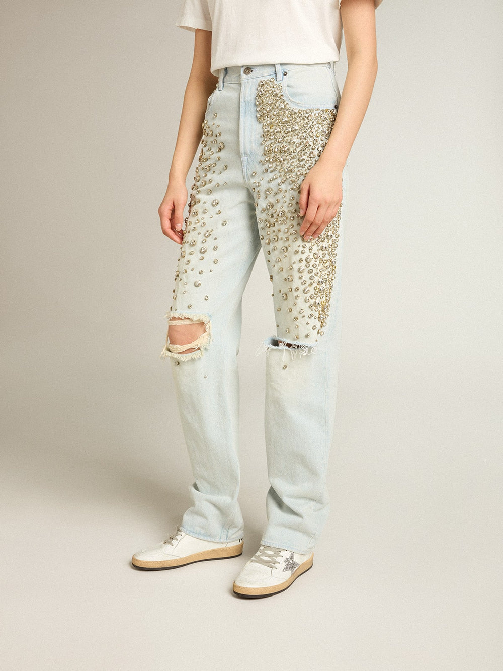 Golden Goose Women's bleached jeans with cabochon crystals