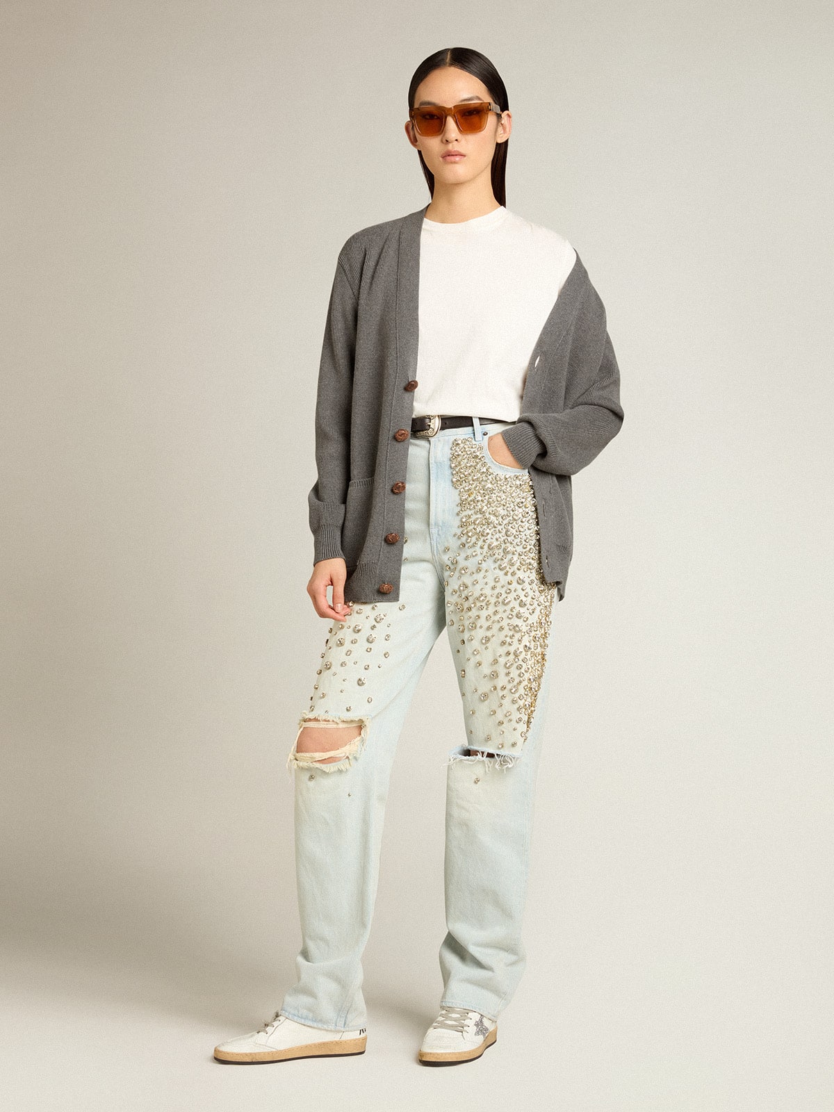 Golden Goose Women's bleached jeans with cabochon crystals