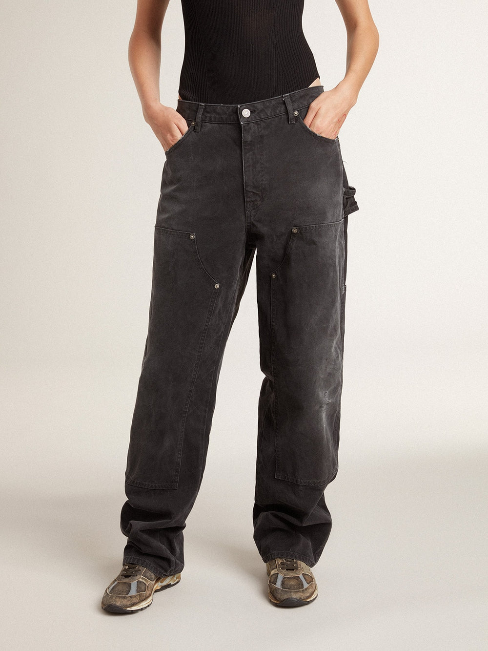 Golden Goose Women's distressed black cotton jeans with front patches