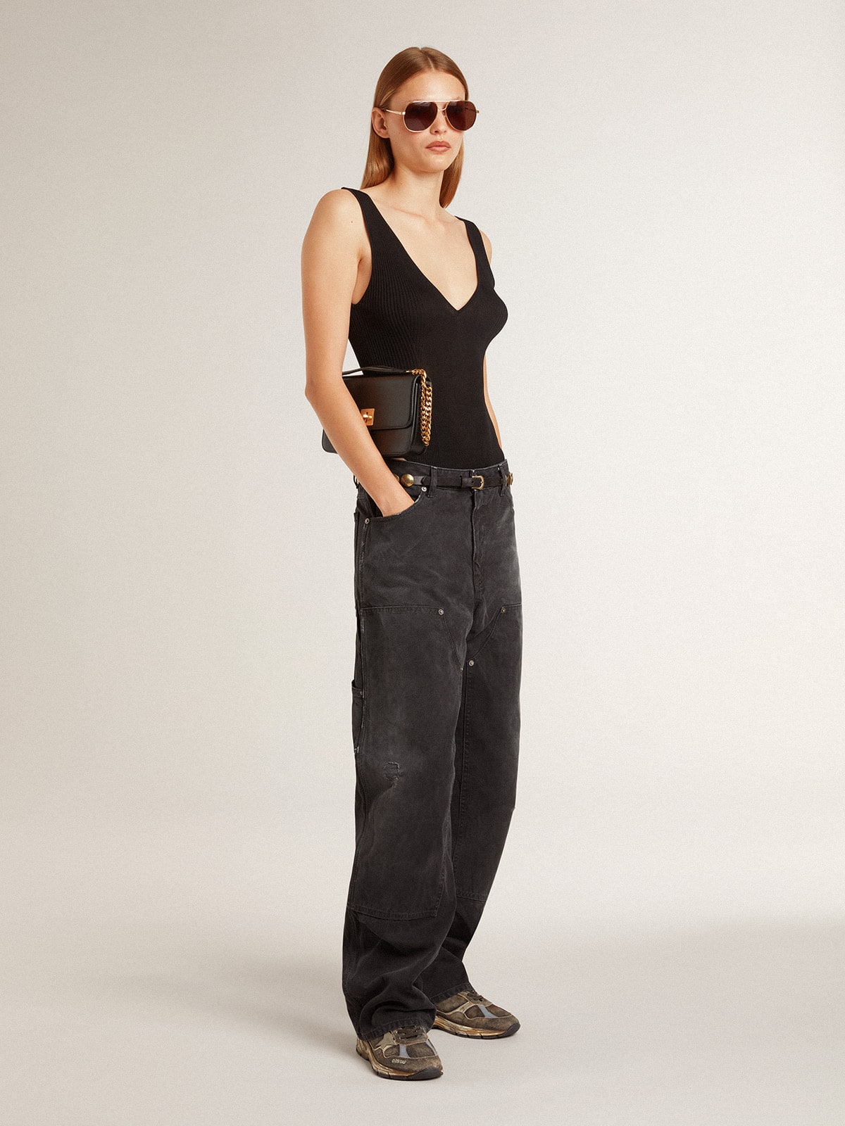 Golden Goose Women's distressed black cotton jeans with front patches