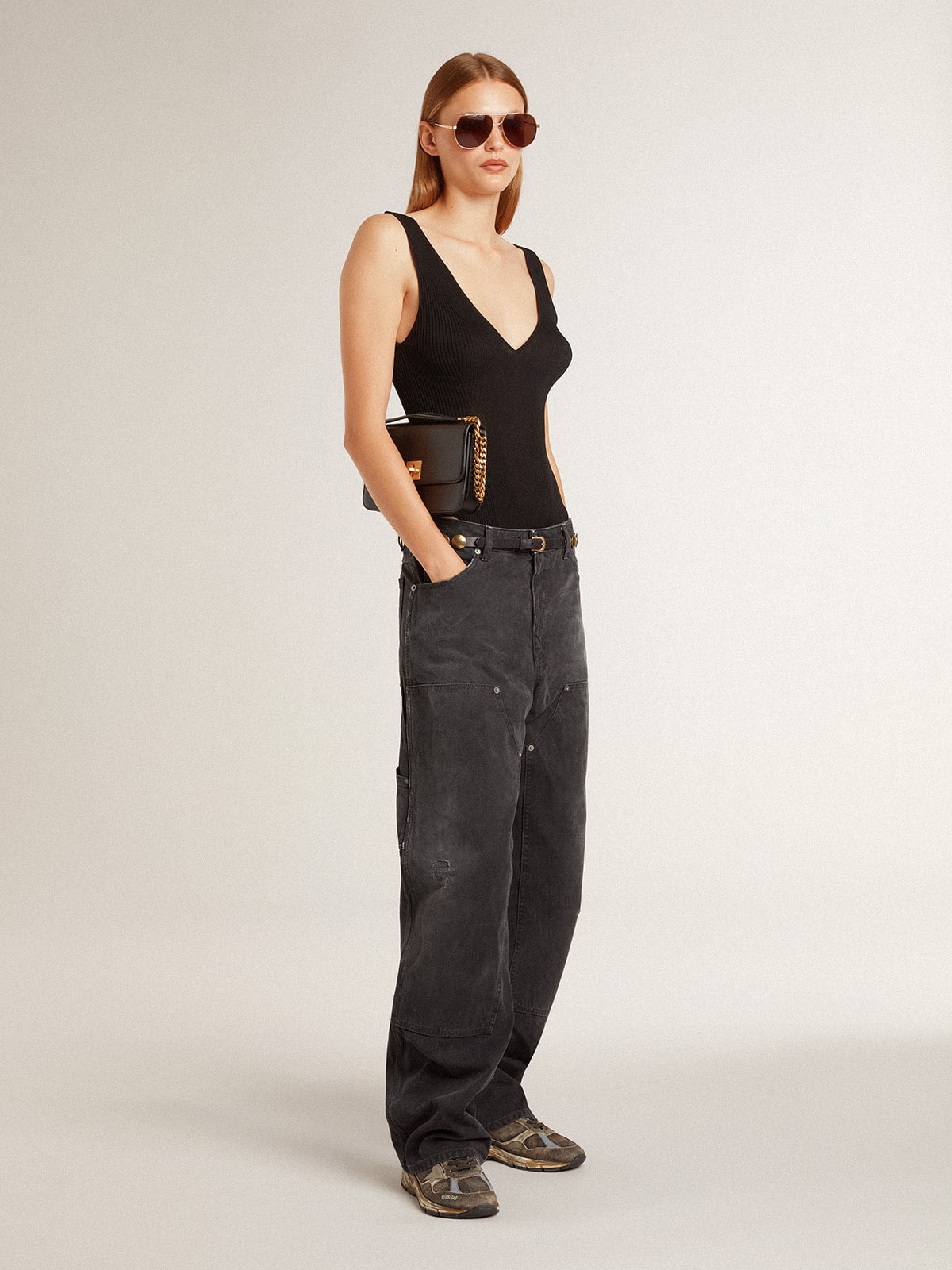 Golden Goose Women's distressed black cotton jeans with front patches